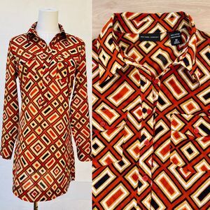 New York & Company 100% Cotton Long Sleeve Collared Mini Dress 60s Mod Print (M)